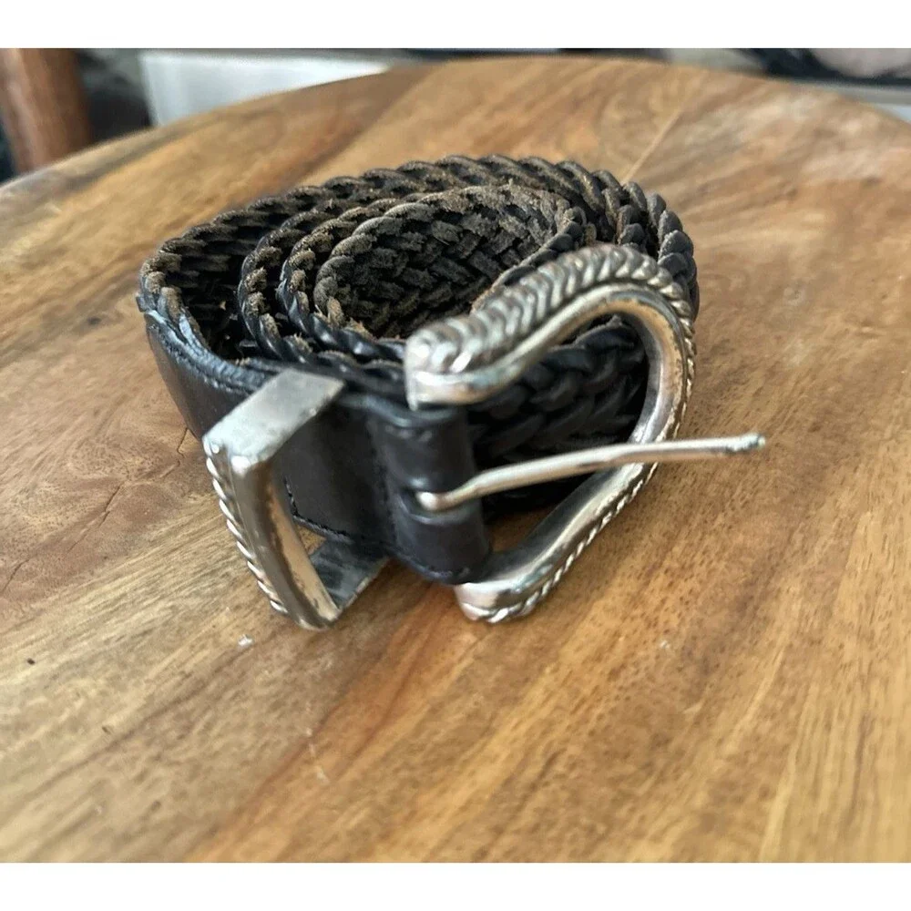 VTG Leather Shop Belt Womens L Woven Black  Covered Buckle‎ Safari Boho